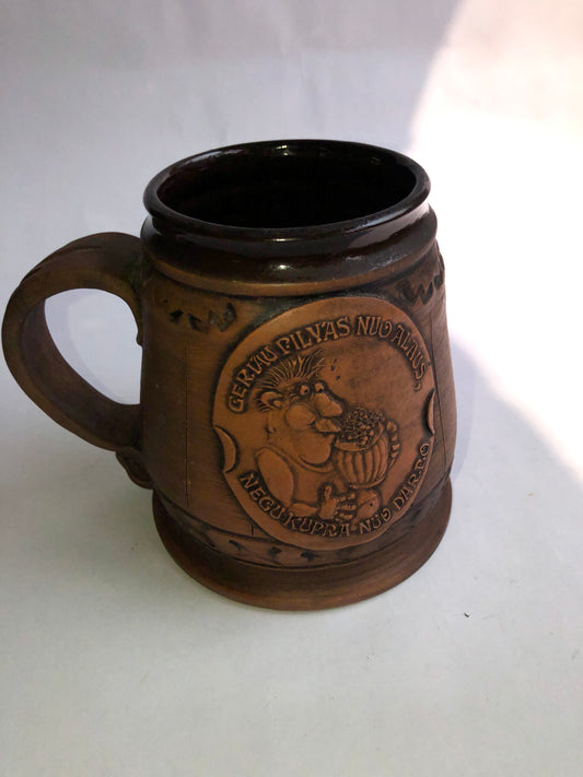 Vintage Lithuanian Pottery Tankard - "Good Belly From Beer" Motto