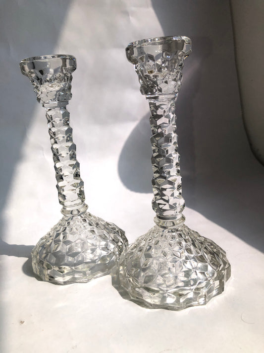 Pair of Vintage Fostoria American Clear Glass Candlesticks