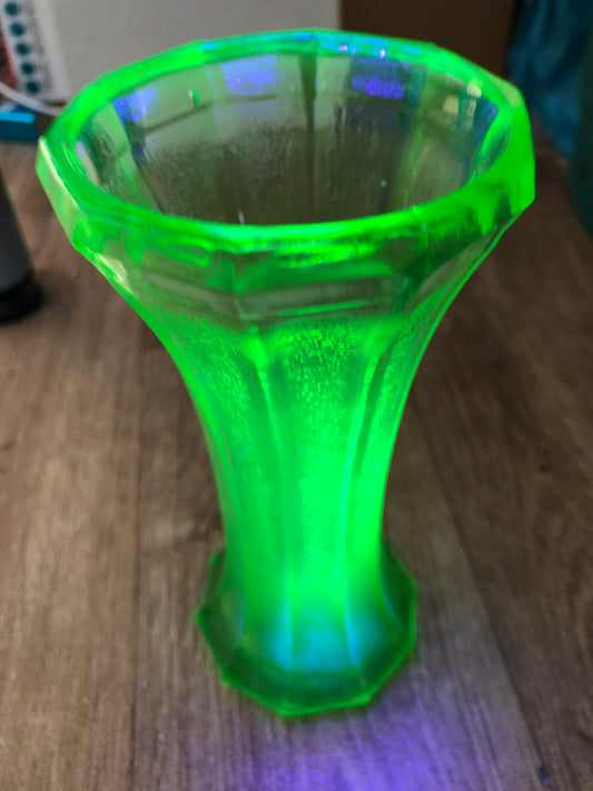 Art Deco Green Uranium Glass Panelled Vase (Sowerby Style)