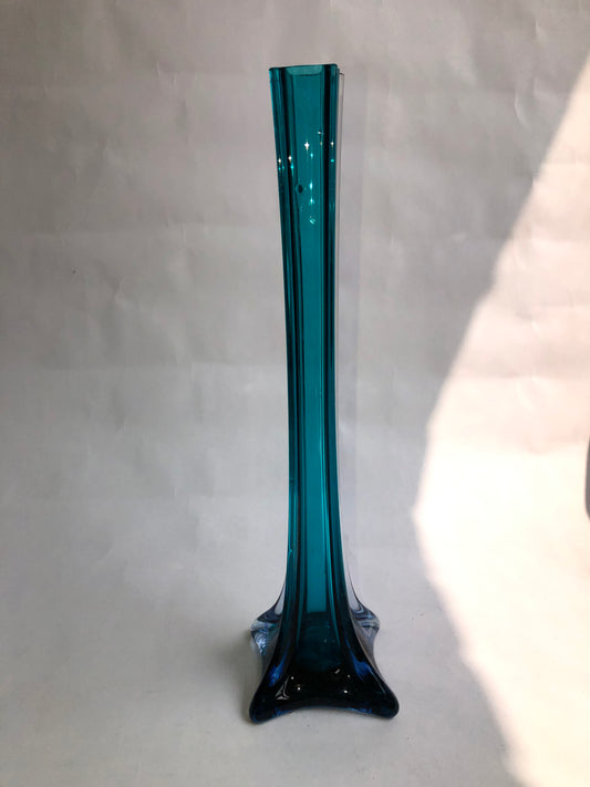 Vintage Teal Blue Art Glass Swung Vase Star Base Mid-Century Style