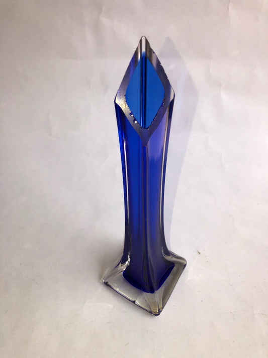 Vintage Cobalt Blue Geometric Art Glass Vase Clear Square Base Sommerso Style