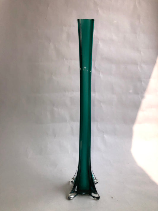 Vintage Teal Green Cased Art Glass Vase - Pulled Clear Feet, MCM Style