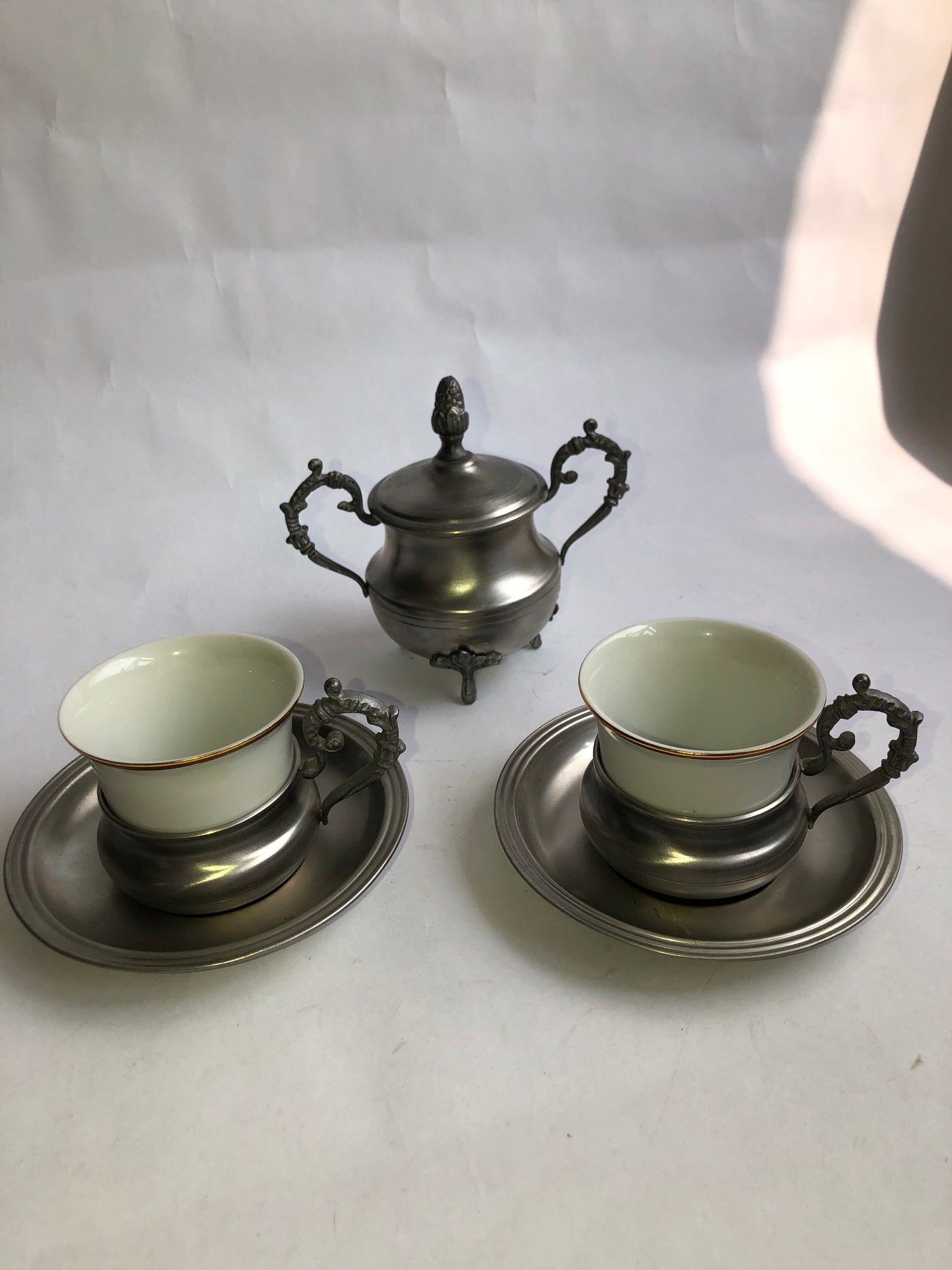 Vintage Italian Peltro 95% Pewter & Porcelain Demitasse Coffee Set