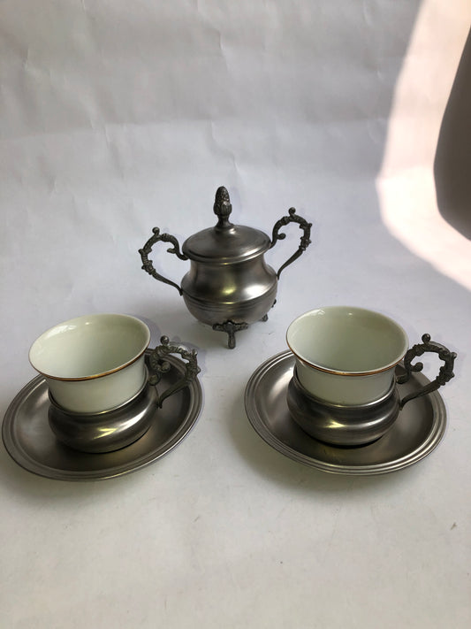 Vintage Italian Peltro 95% Pewter & Porcelain Demitasse Coffee Set