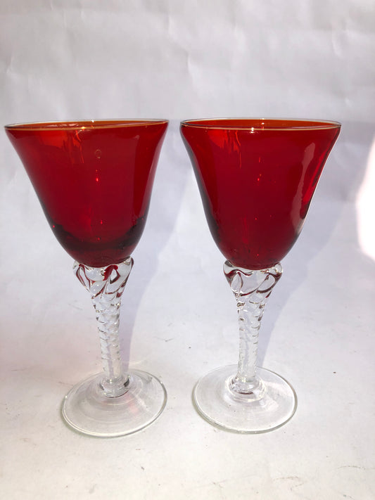 Pair of Sasaki Coronation Cranberry Crystal Cordial Glasses