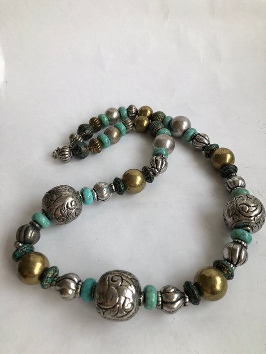 Chunky Ethnic Bali Style Mixed Metal & Turquoise Colour Bead Necklace
