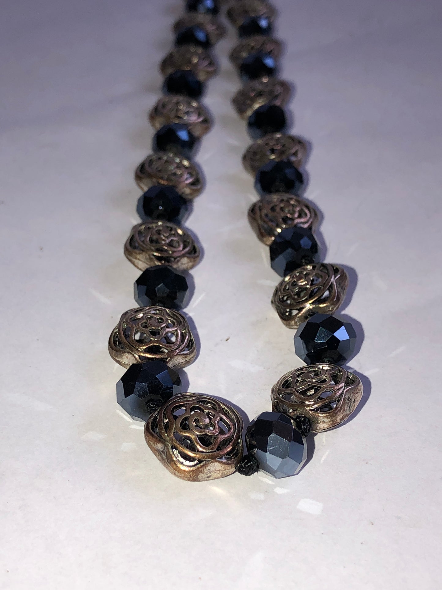 Vintage Style Black Faceted Bead & Metal Rose Necklace