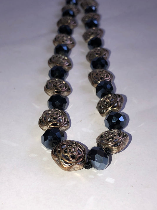 Vintage Style Black Faceted Bead & Metal Rose Necklace