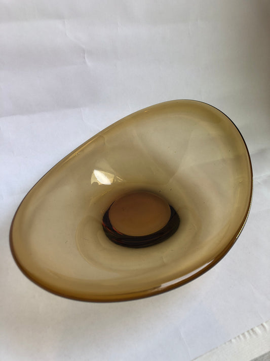 Vintage Amber Art Glass Bowl Rounded Triangular Mid-Century Style
