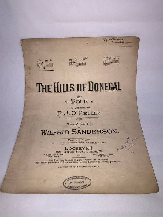 Vintage 1914 "The Hills of Donegal" Sheet Music Signed Wilfrid Sanderson