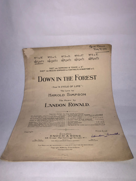 Signed Landon Ronald Sheet Music "Down in the Forest" 1906 Vintage