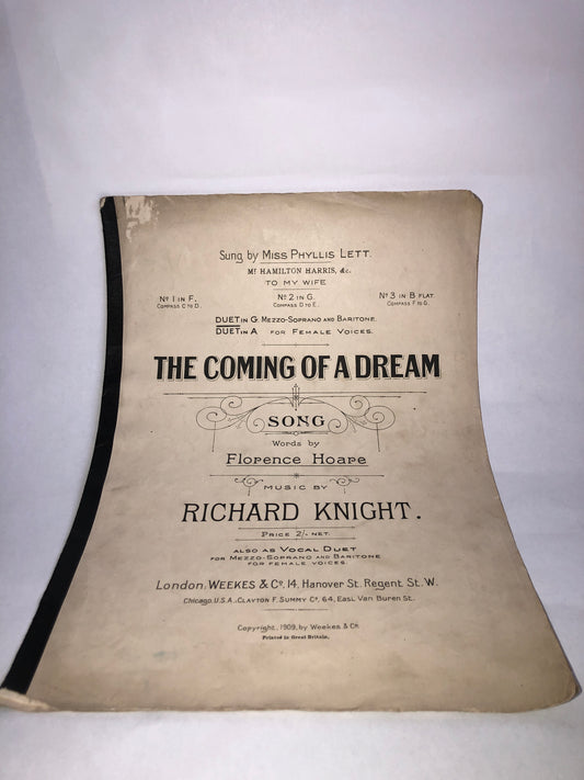 Vintage 1909 "The Coming of a Dream" Sheet Music Richard Knight Florence Hoare