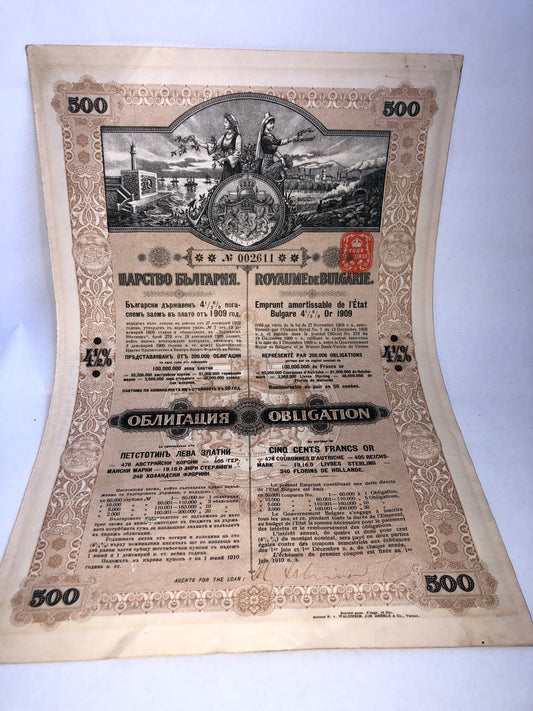 Bulgarian Kingdom 1909 Gold Bond 500 Leva/Francs Scripophily Bradbury Wilkinson