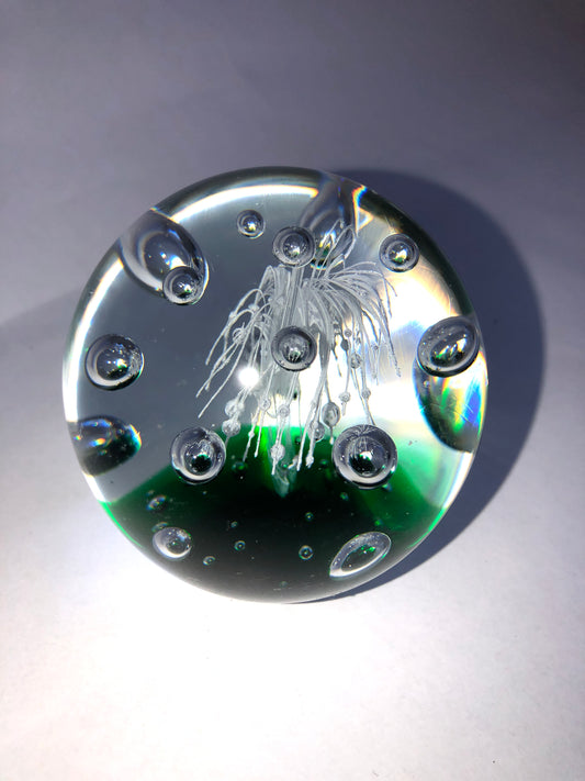 Vintage Art Glass Paperweight Green White Bubbles Caithness Myriad Style