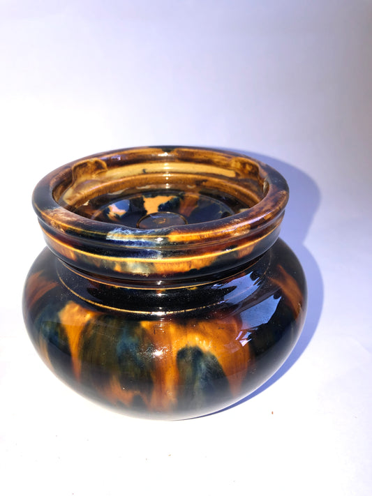 Antique Stoneware Tobacco Jar Humidor Ashtray Lid Drip Glaze Vintage