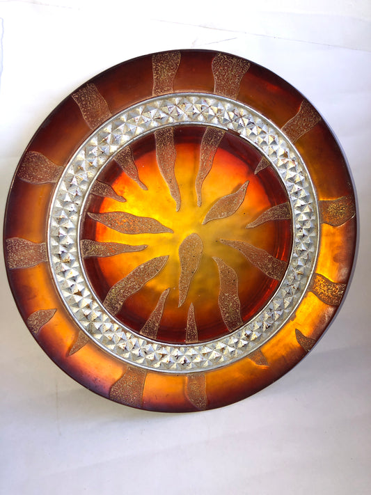 Large Decorative Glass Charger Plate Amber Sunburst Design