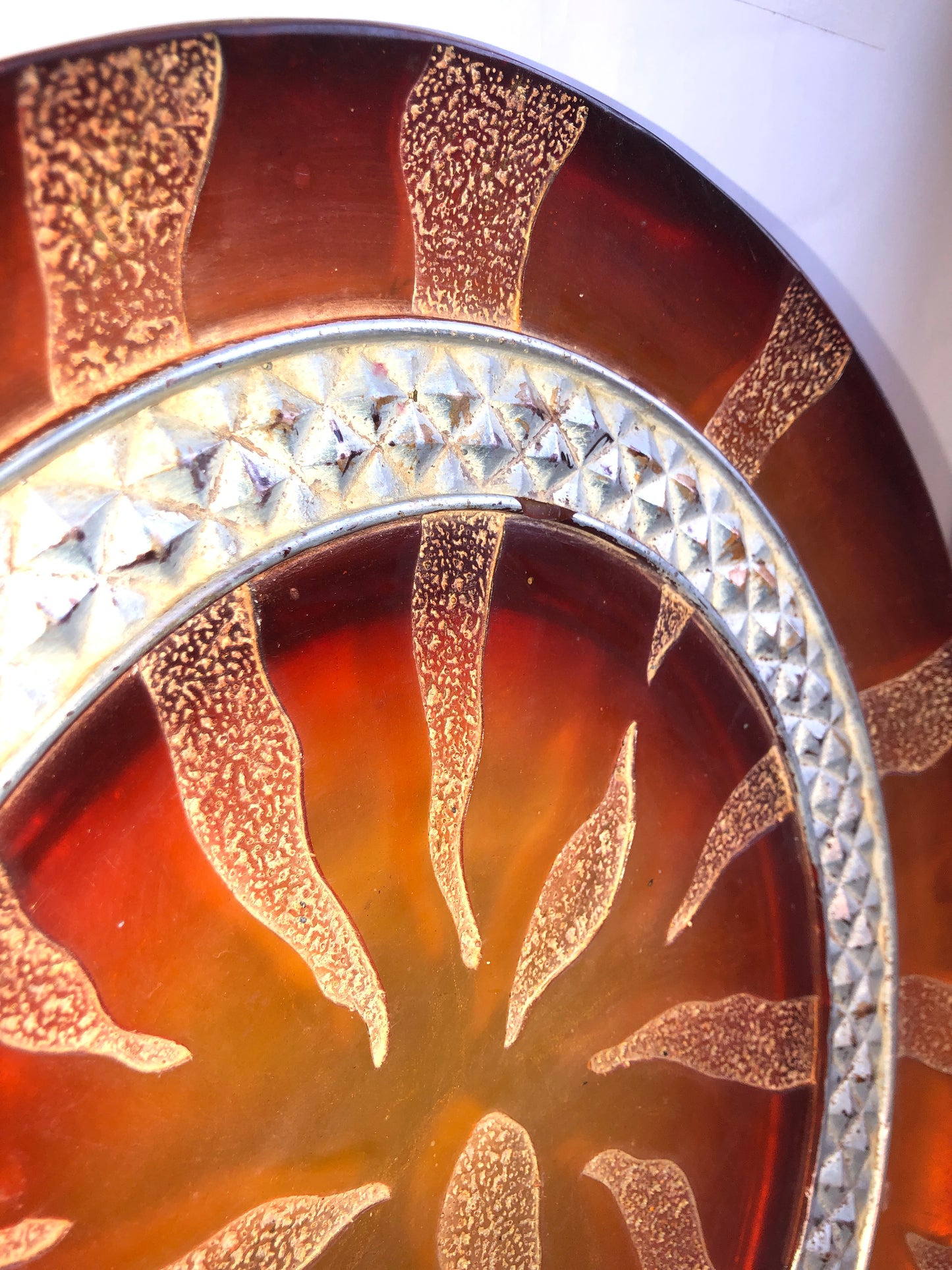 Large Decorative Glass Charger Plate Amber Sunburst Design