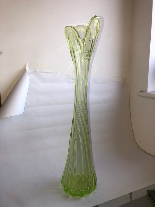 Tall Vintage Green Swung Glass Vase Petal Top