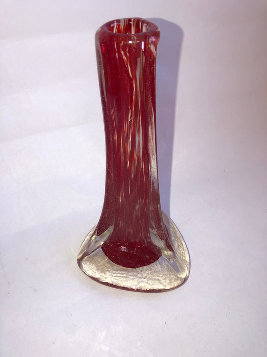 Vintage Ruby Red Art Glass Vase with Heavy Textured Clear Base