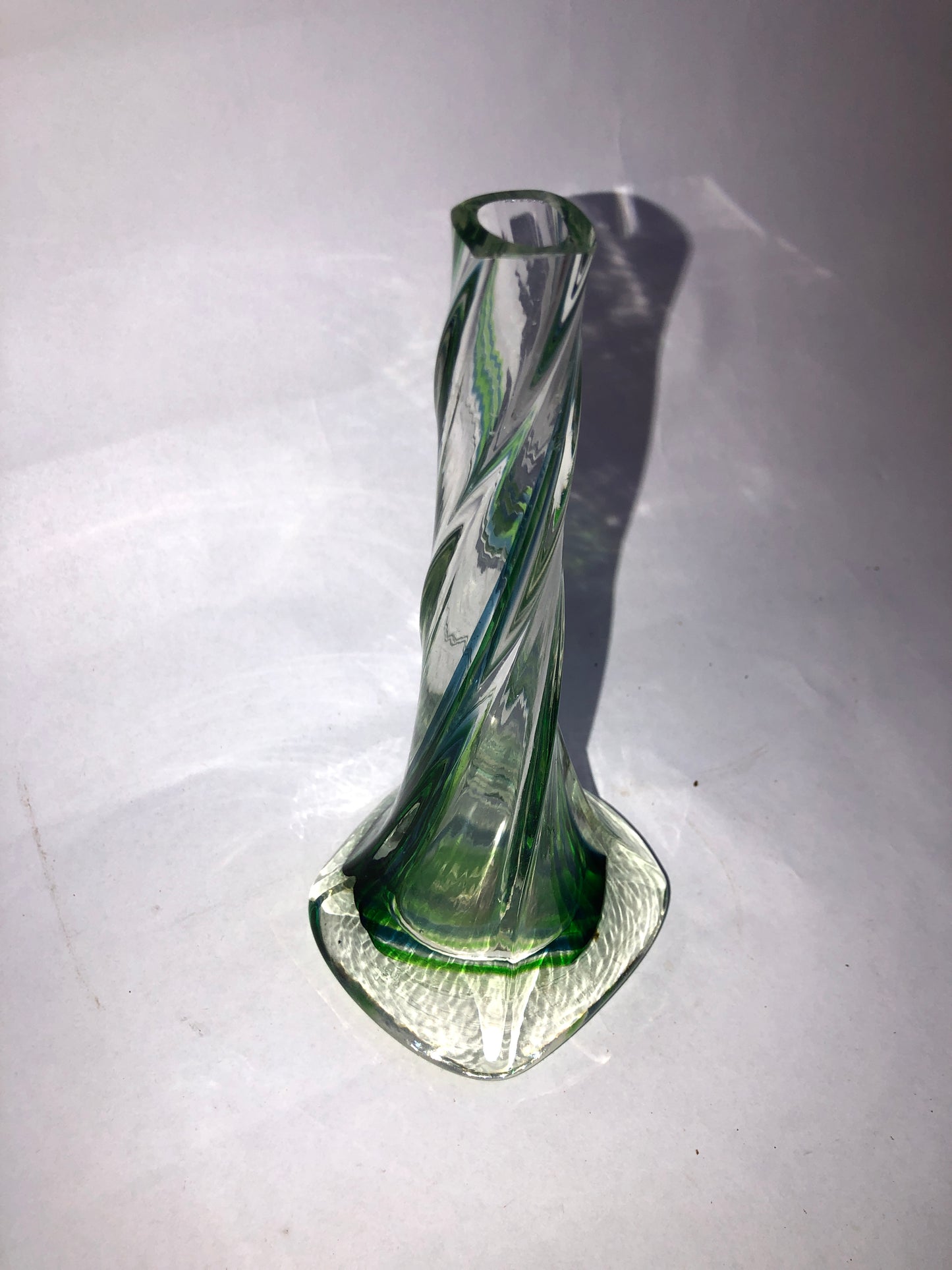 Vintage Green & Blue Twisted Spiral Art Glass Bud Vase Clear Base