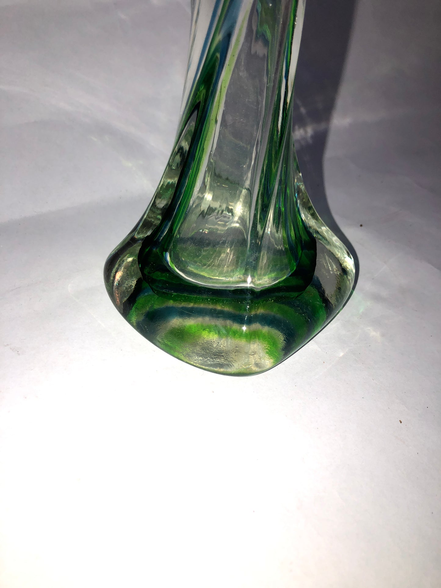 Vintage Green & Blue Twisted Spiral Art Glass Bud Vase Clear Base
