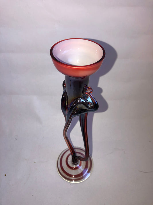 Jozefina Krosno Art Glass Candlestick Red White Bowl Iridescent Stem