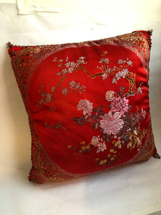 Vintage Asian Brocade Reversible Cushion Floral & Pagoda Design