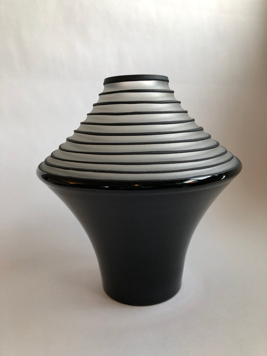 Large Art Deco Style Black & Silver Tiered Glass Vase (Chipped)