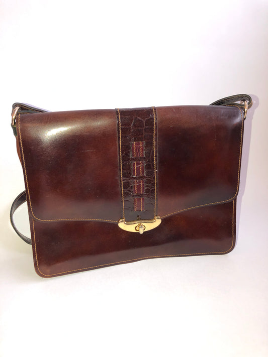 Vintage Brown Leather Crossbody Bag - Mock Croc Accent