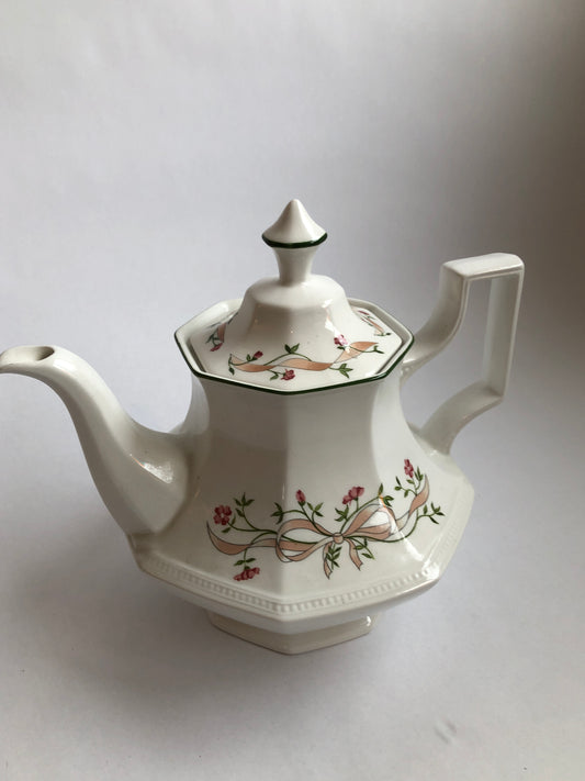 Vintage Art Deco Style Octagonal Teapot Pink Ribbon & Floral Pattern