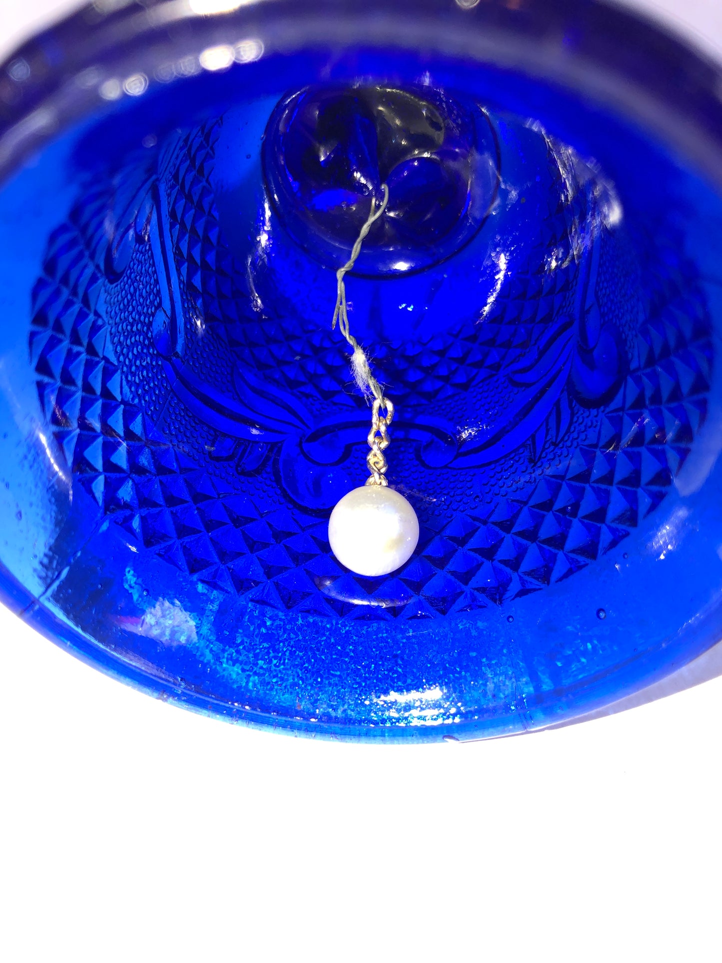 Vintage Cobalt Blue Pressed Glass Bell with Diamond & Scroll Pattern
