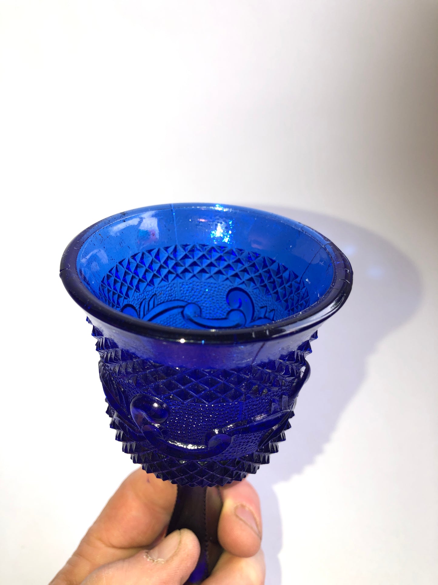 Vintage Cobalt Blue Pressed Glass Bell with Diamond & Scroll Pattern