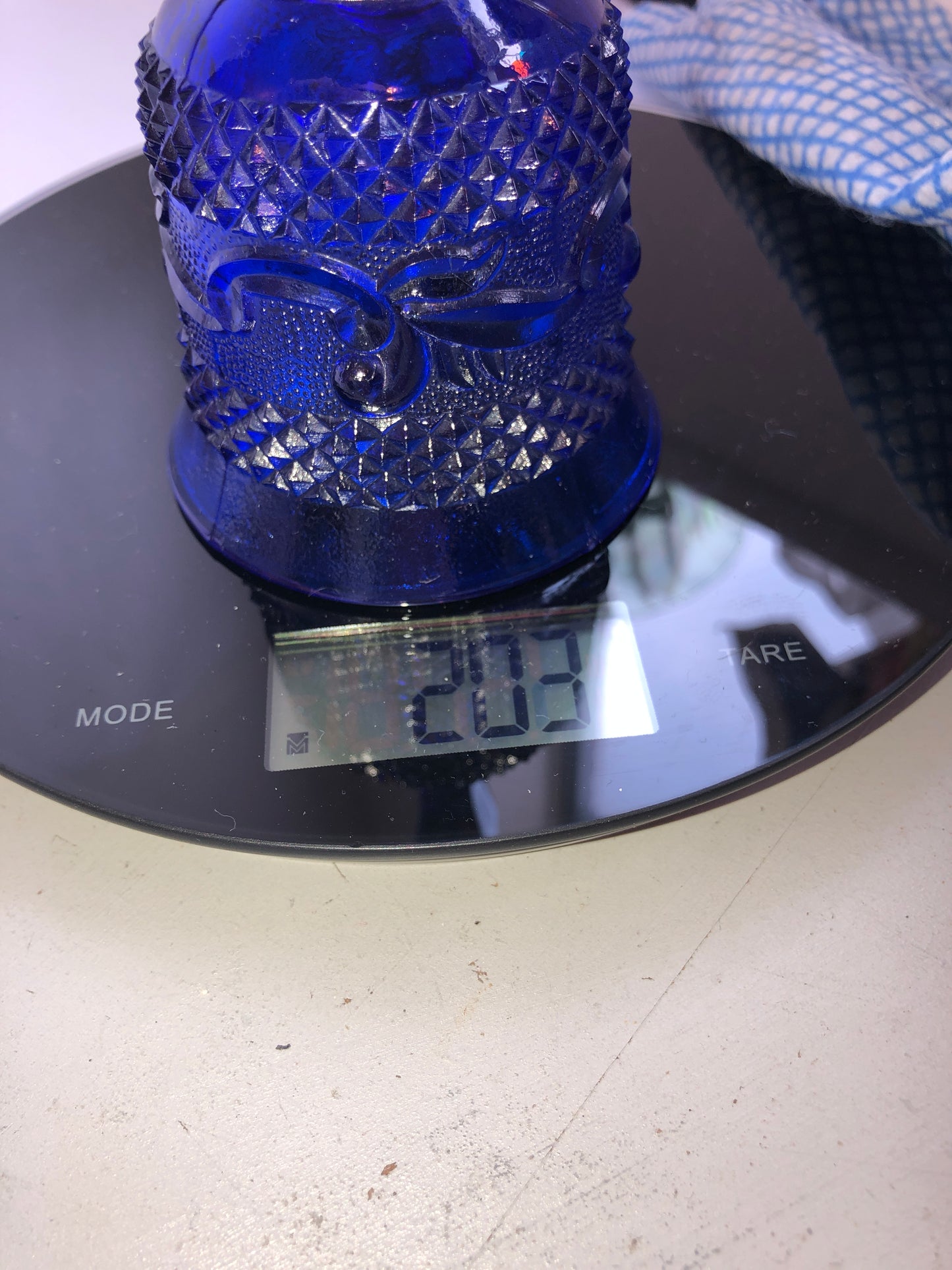 Vintage Cobalt Blue Pressed Glass Bell with Diamond & Scroll Pattern