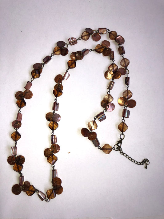 Long Brown & Amber Multi-Bead Necklace with Shell & Glass Elements