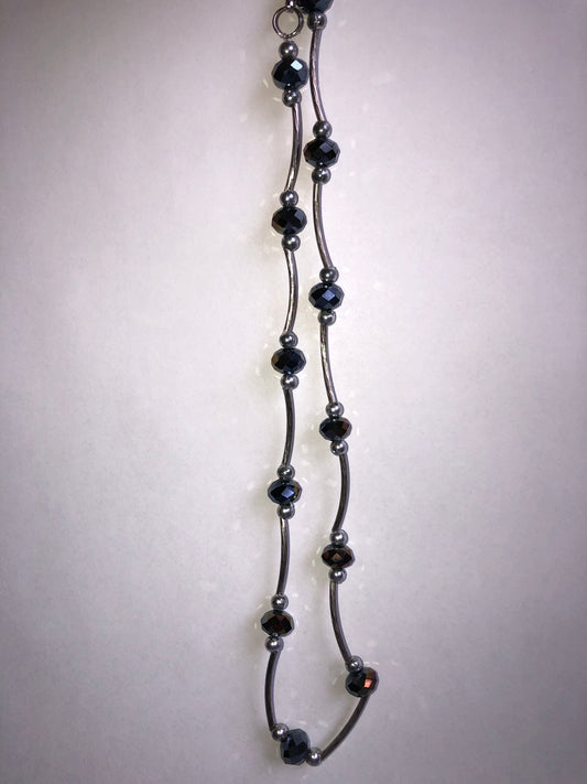 Modern Dark Iridescent Faceted Bead & Silver Tone Tube Necklace
