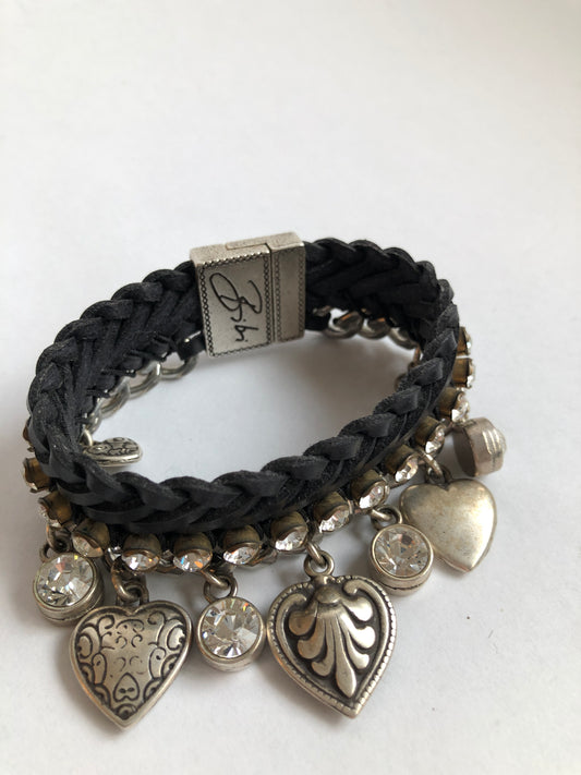 Bibi Bijoux Black Braided Bracelet with Heart & Rhinestone Charms