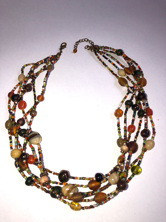 Bohemian Long Multi-Material Necklace with Floral Ceramic & Glass Beads