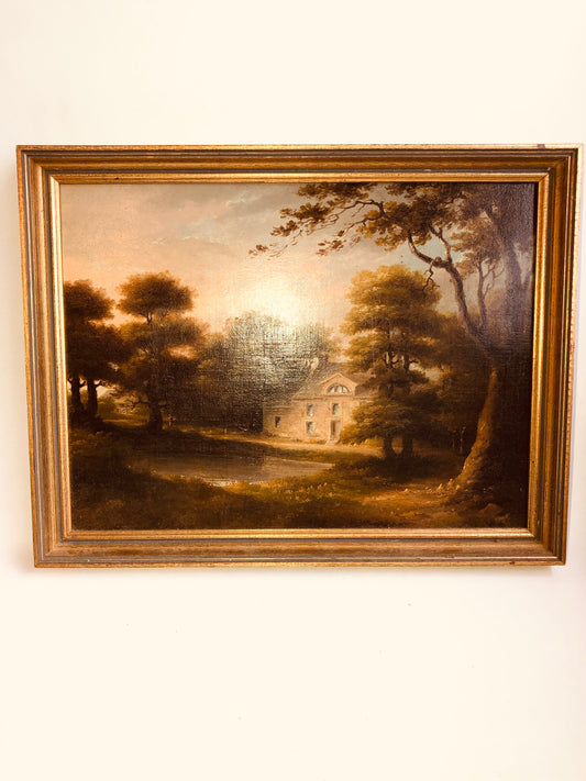 Vintage Oil Painting Cottage Landscape Gold Frame