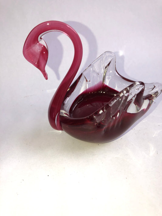 Stunning Vintage Cranberry Art Glass Swan Dish