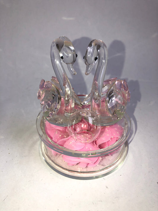 Decorative Clear Glass Swan Pair Figurine with Pink Petals