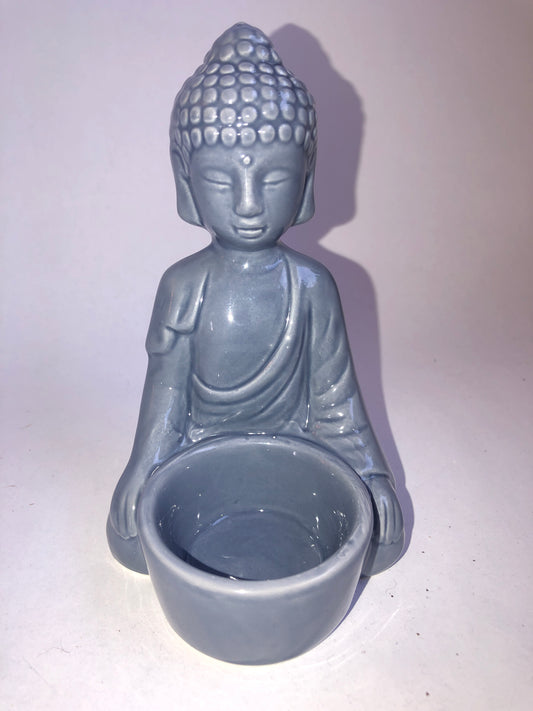 Serene Ceramic Buddha Tealight Holder - Pale Grey-Blue Glaze