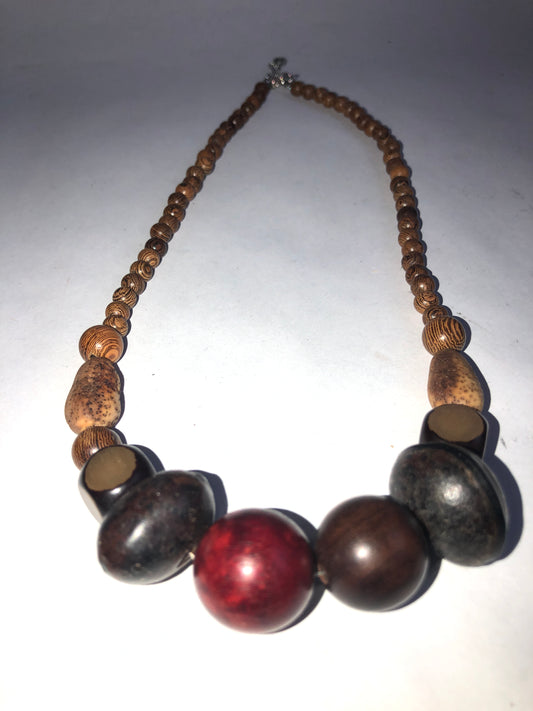 Unique Natural Seed & Wooden Bead Necklace with Red Pod