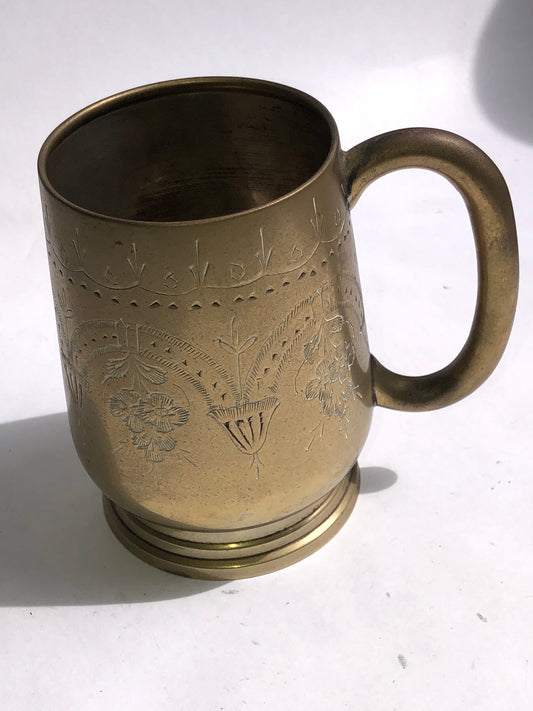 Vintage Etched Brass Tankard Mug - Floral Design