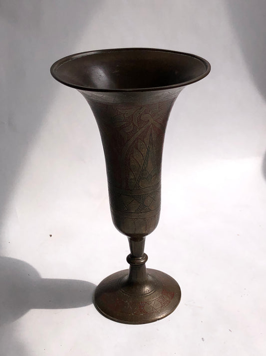 Vintage Etched Brass/Bronze Trumpet Vase with Red Accents