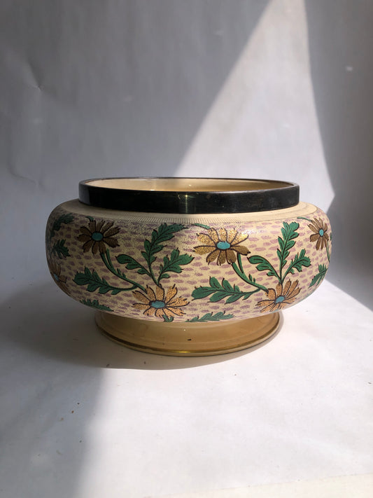 Vintage Hand-Painted Floral Ceramic Bowl with Metal Rim
