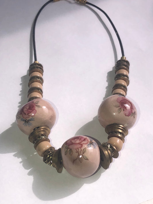 Vintage Floral Hand-Painted Porcelain Bead Necklace
