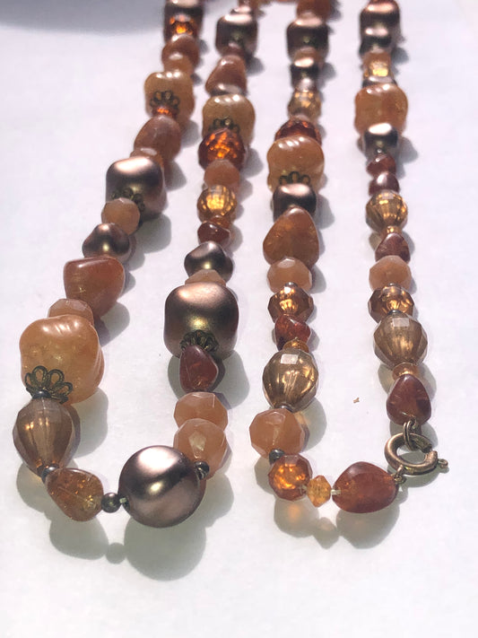 Vintage Amber-Tone & Ornate Brass Bead Necklace