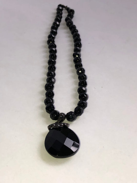 Vintage Black Faceted Pendant Necklace with Marcasite Accents