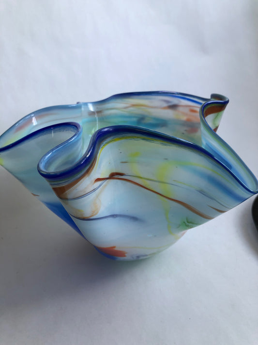 Studio Art Glass Handkerchief Bowl - Multicolour Swirl Blue Rim
