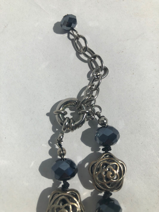 Dark Metal Rose & Bead Necklace with Toggle Clasp - Gothic Romance Style